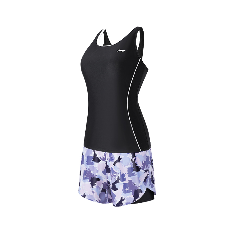 Li Ning Two Piece Swimsuit Women's Elegant Black Purple Flower