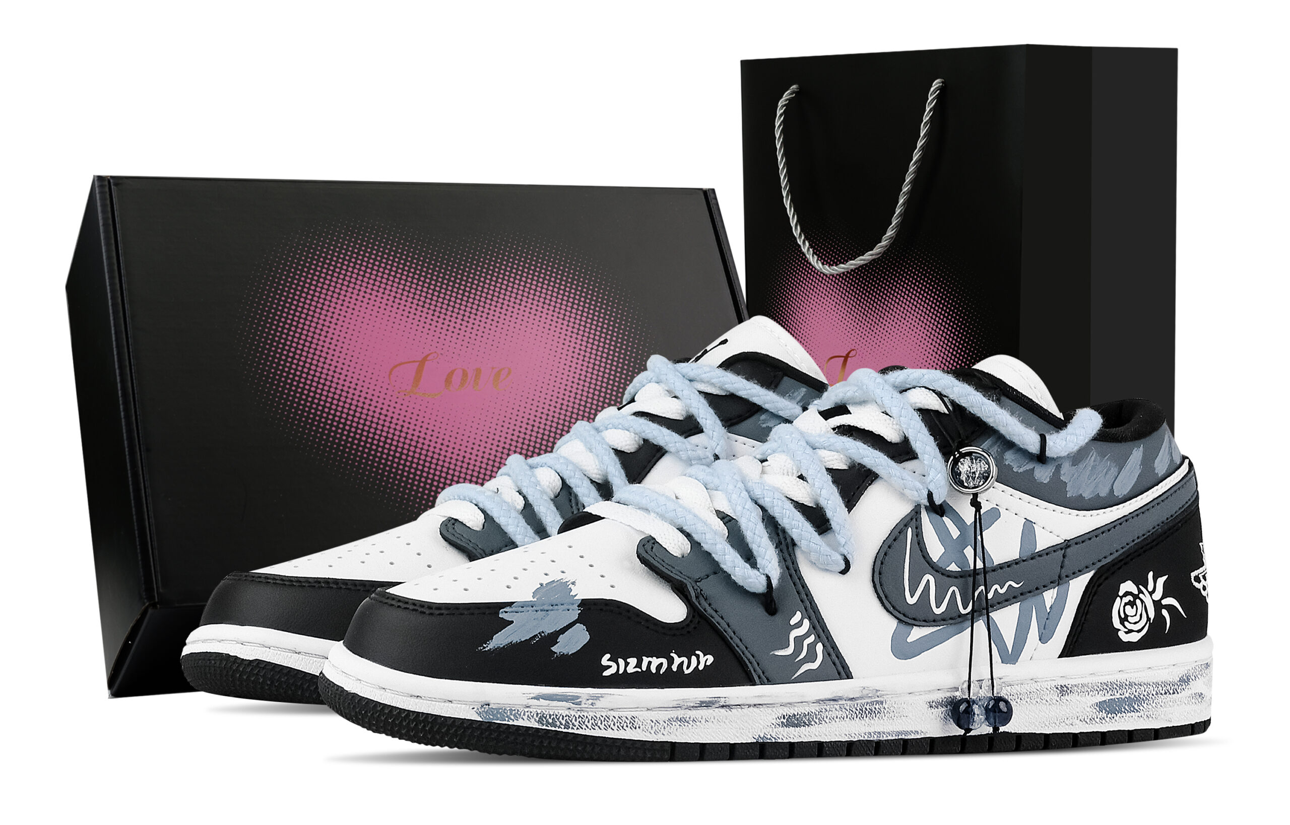 Jordan Air Jordan 1 Rose, Heart Box Low top Vintage Basketball Shoes Unisex Black White Blue