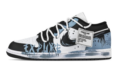 Jordan Air Jordan 1 Pen Painted Black Flame Low top Vintage Basketball Shoes Unisex Black White Blue