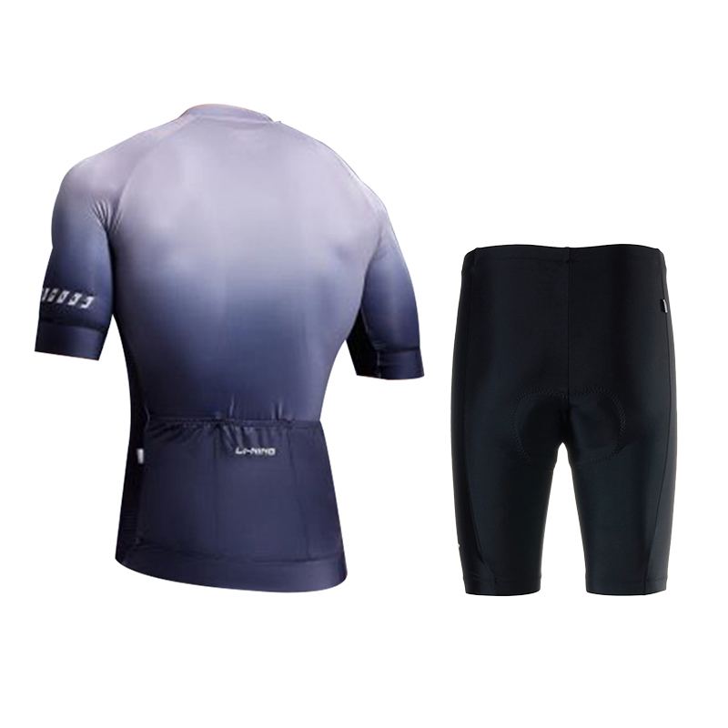Li Ning Cycling Suits Unisex Clothing Sets Gray Black Gradient Short Sleeved+Black Shorts Crew Neck Thin