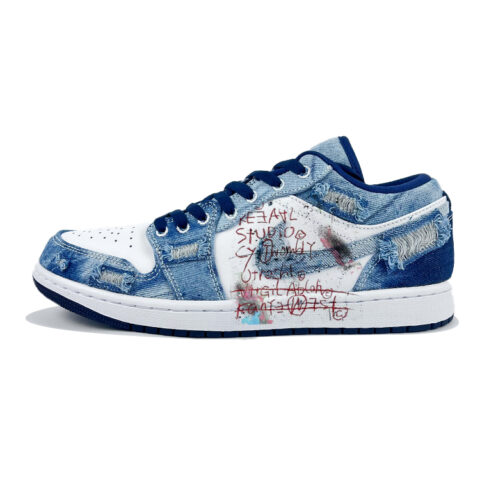 Jordan Air Jordan 1 Slip Resistant Abrasion Resistant Cushioning Low top Vintage Basketball Shoes Men’s White Blue