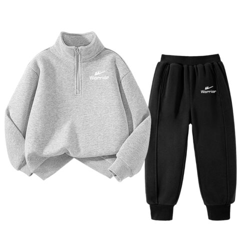 Warrior Casual Sportswear Fleece Lined Stand Collar Comfortable Stylish Long Sleeve Elastic Waistband Pants Teenagers