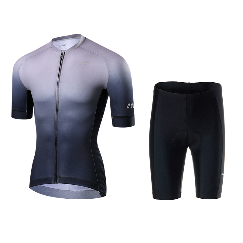 Li Ning Cycling Suits Unisex Clothing Sets Gray Black Gradient Short Sleeved+Black Shorts Crew Neck Thin