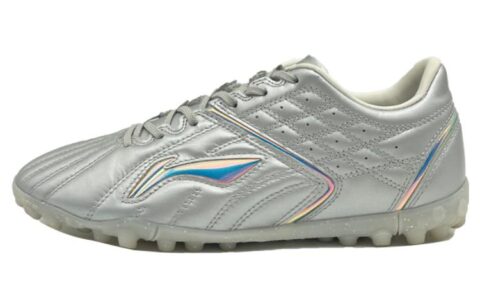 Li Ning TF Turf Leather Cushioning Slip Resistant Abrasion Resistant Soccer Shoes Men’s Silver
