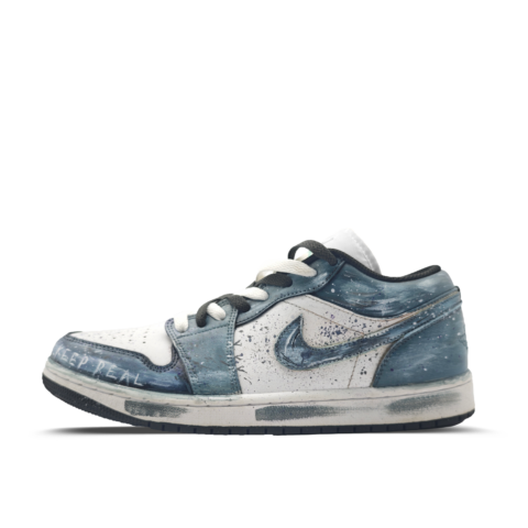 Nike Air Jordan 1 Chaos Denim Leather Versatile Low top Vintage Basketball Shoes Unisex Denim Blue