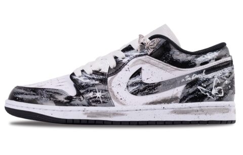 Jordan Air Jordan 1 Starry Black Butterfly Abrasion Resistant Low top Vintage Basketball Shoes Unisex White Gray