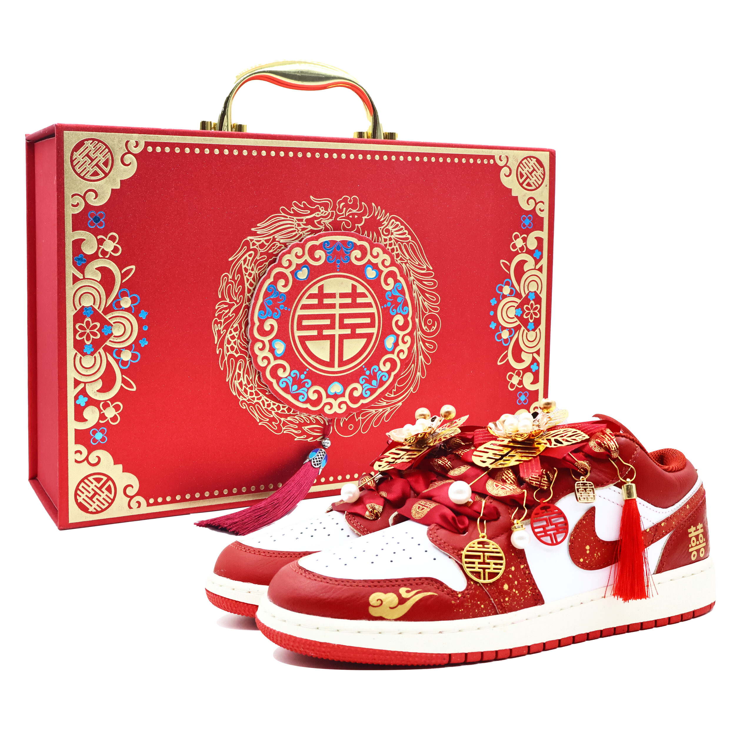 Jordan Air Jordan 1 Cushioning Slip Resistant Abrasion Resistant Low top Vintage Basketball Shoes GS Red Gold White