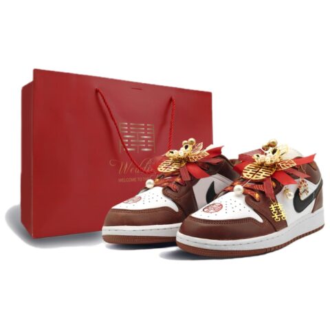 Jordan Air Jordan 1 Wedding Shoes, Shopping Bag Abrasion Resistant Low top Vintage Basketball Shoes Unisex Red White
