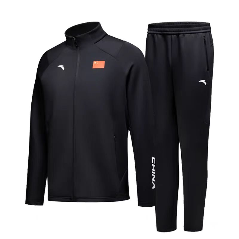 ANTA Casual Sportswear Men’s Clothing Sets Basic Black Top+Basic Black Bottom Stand Collar Moderate