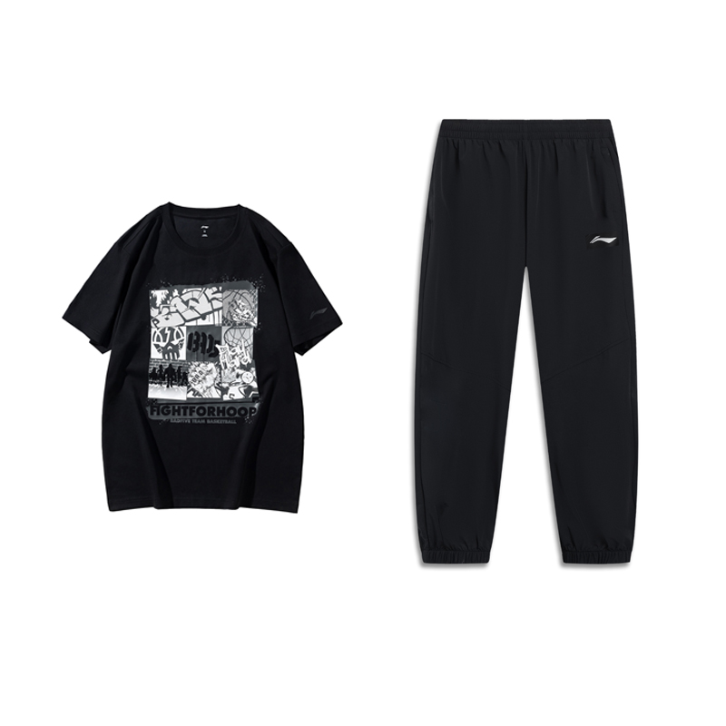 Li Ning Basketball Collection Casual Sportswear Unisex Set Black Short Sleeved Top+Black Pants
