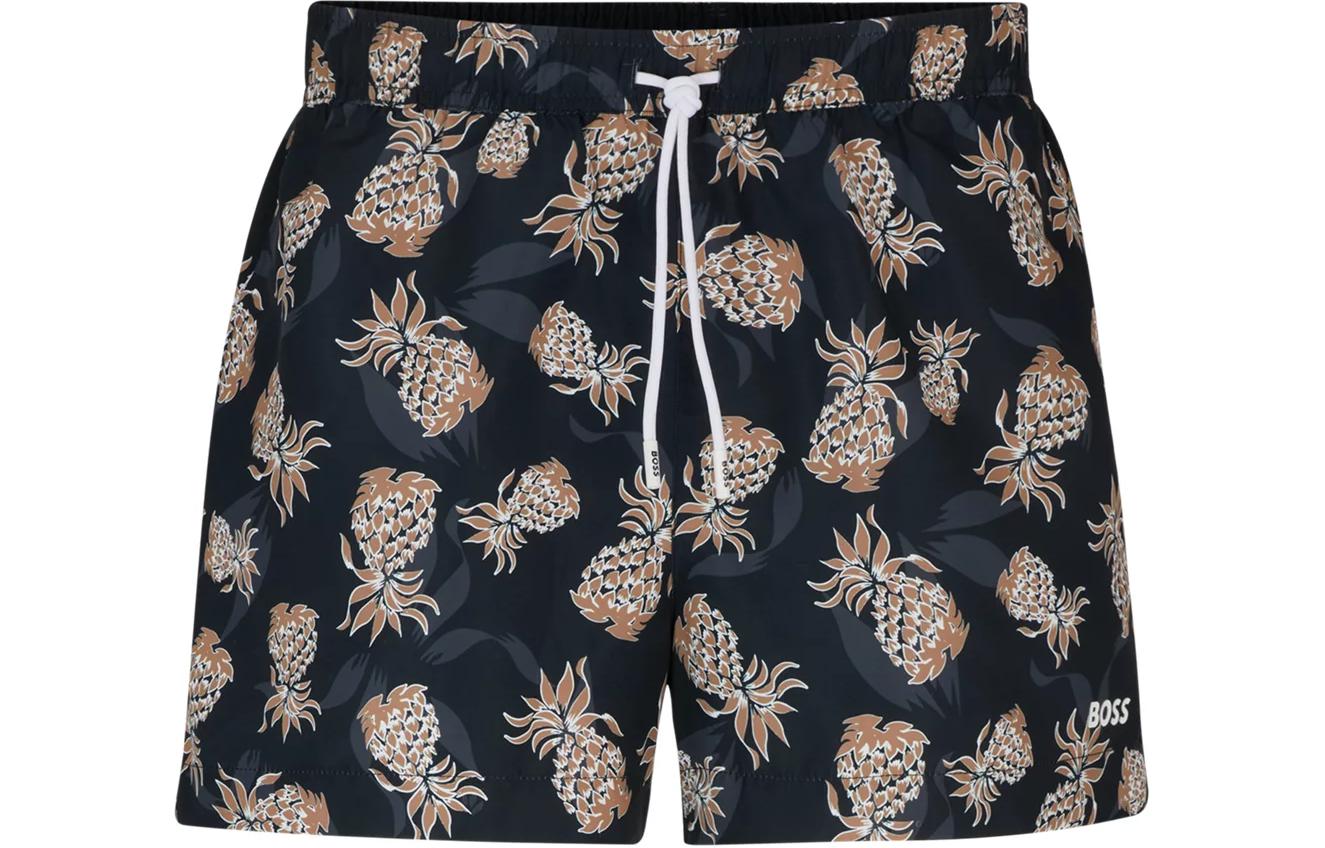 HUGO BOSS Fully Lined Swim Shorts With Pineapple Motif Beach Shorts Men's Blue